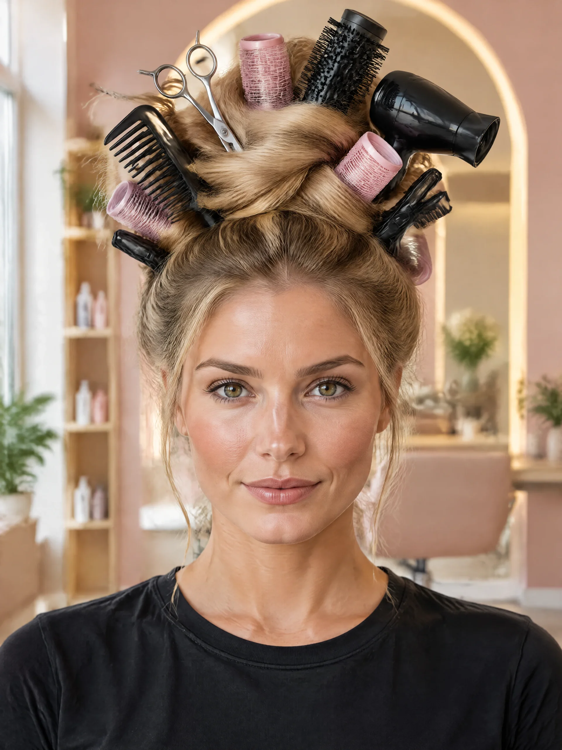 Femme coiffée d'un chignon garni de peignes, de bigoudis et de ciseaux