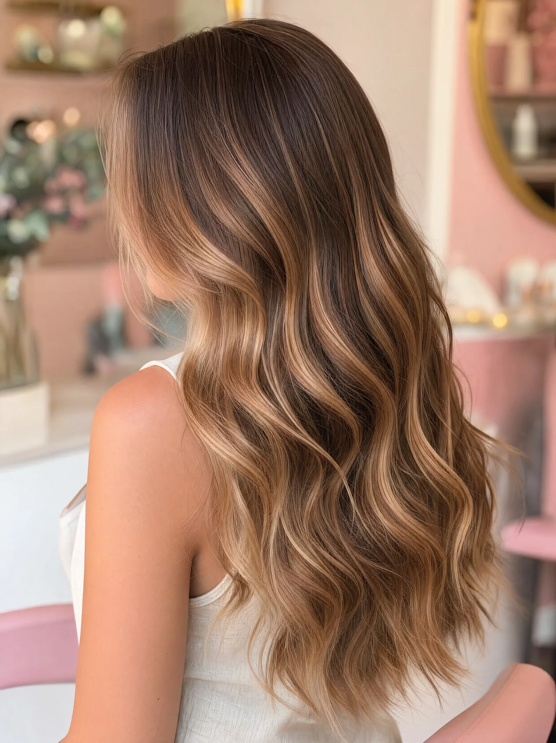 Balayage miel et caramel sur cheveux longs ondulés