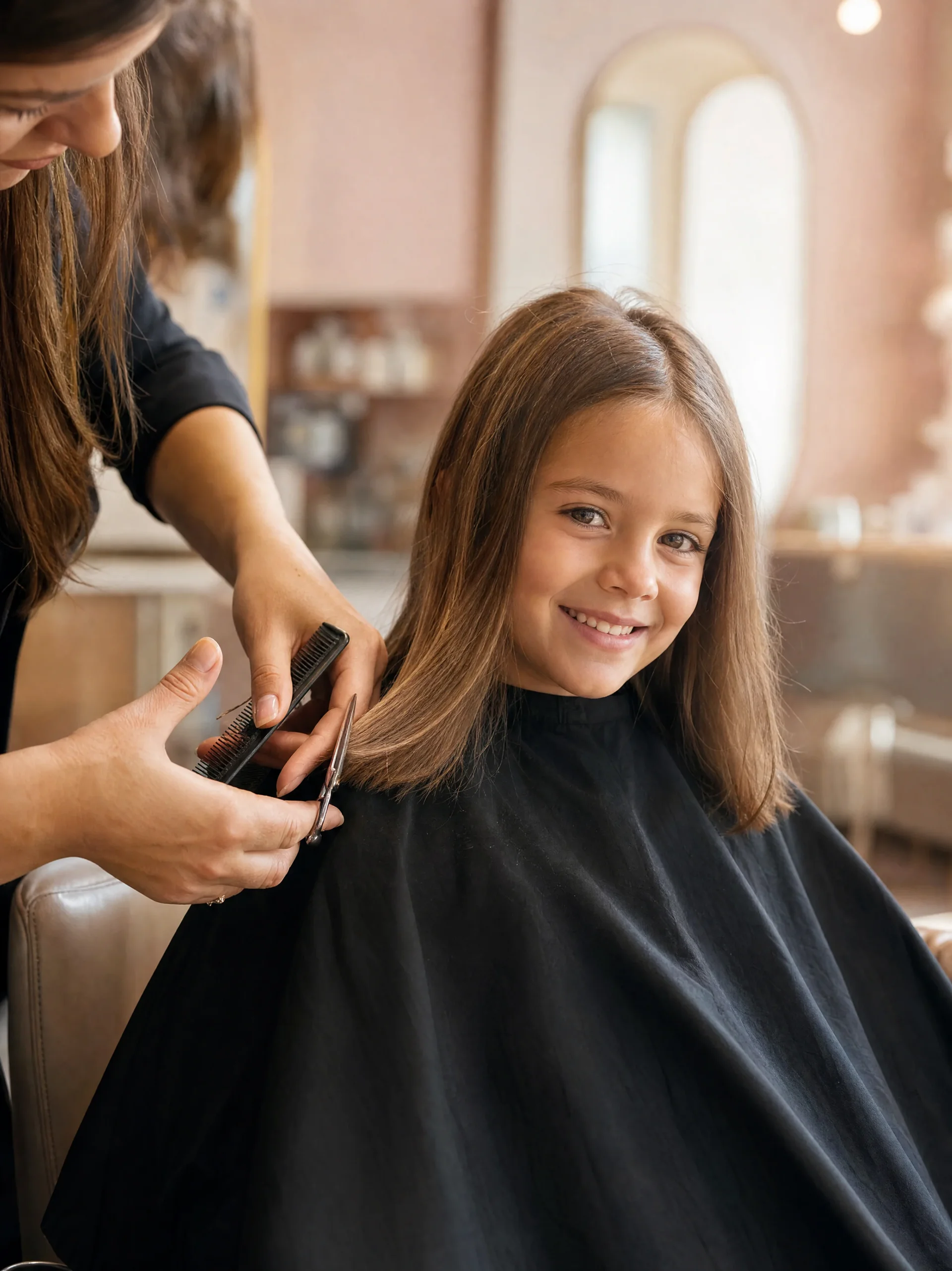 Petite fille souriante pendant sa coupe de cheveux