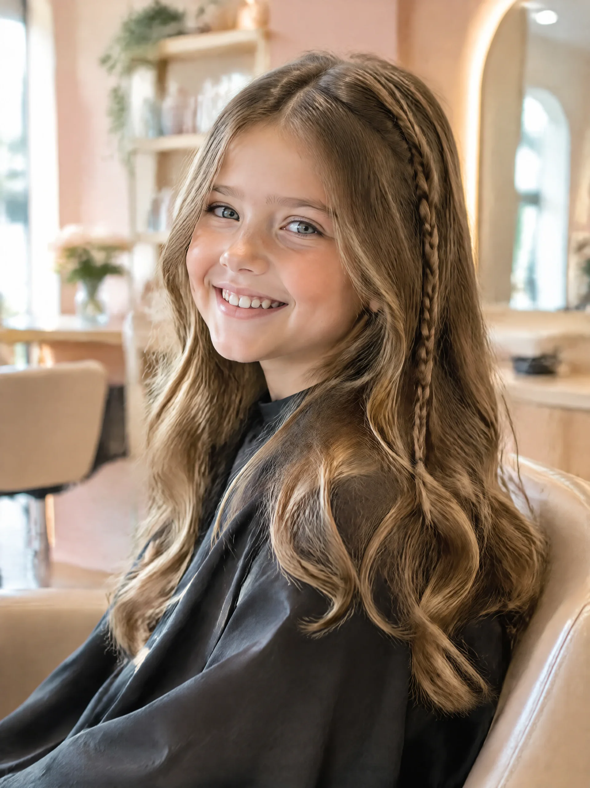 Petite fille souriante, longs cheveux ondulés et fine tresse sur le côté
