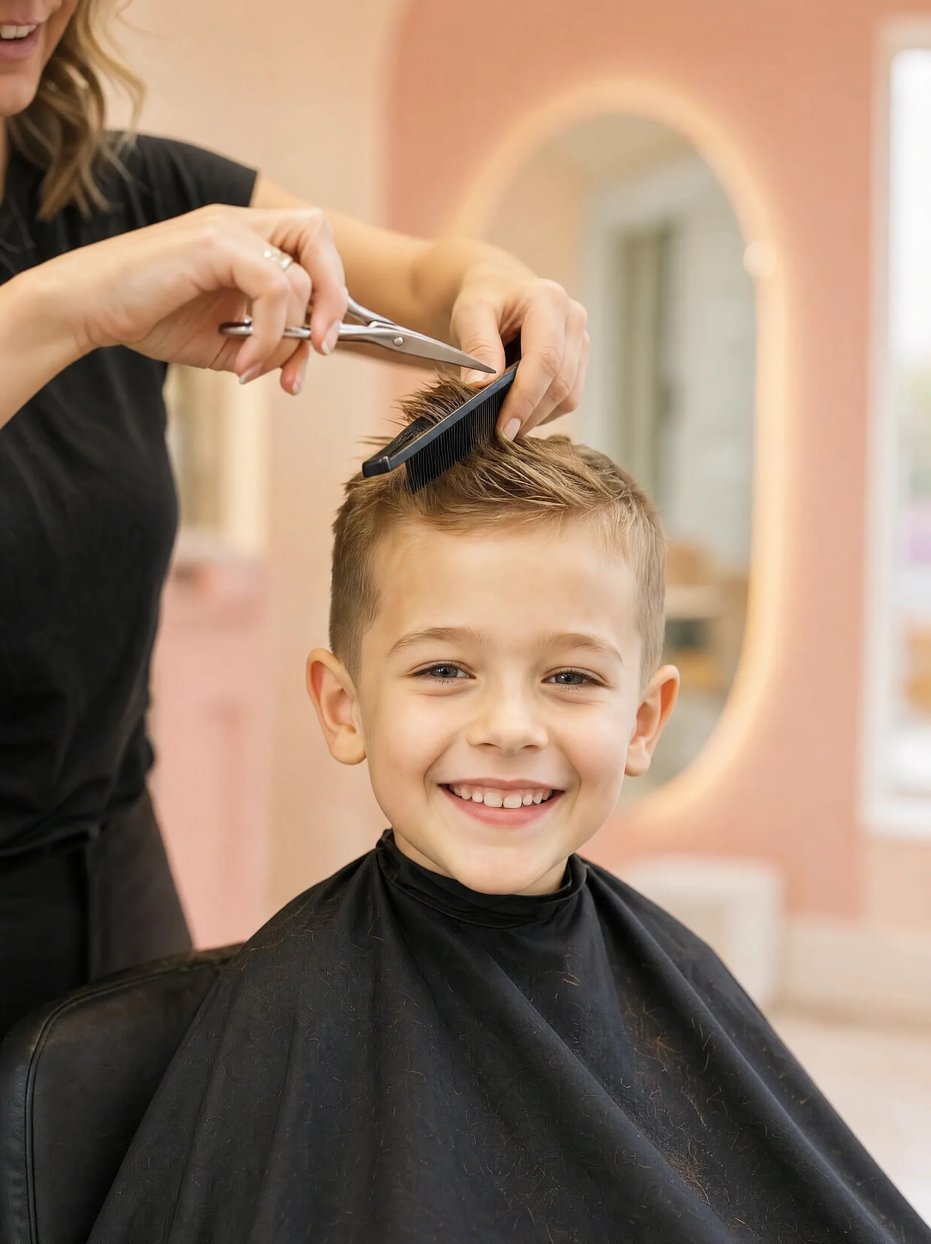 Petit garçon souriant pendant sa coupe de cheveux