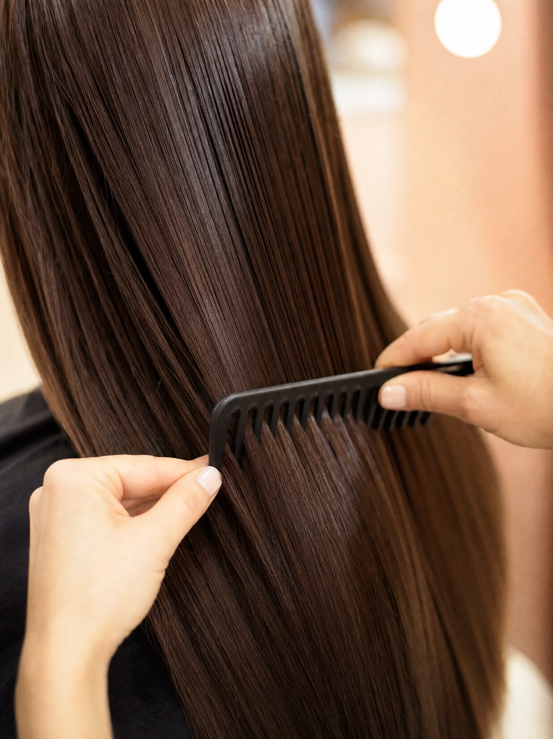 Mains d'une coiffeuse peignant des cheveux lisses et brillants