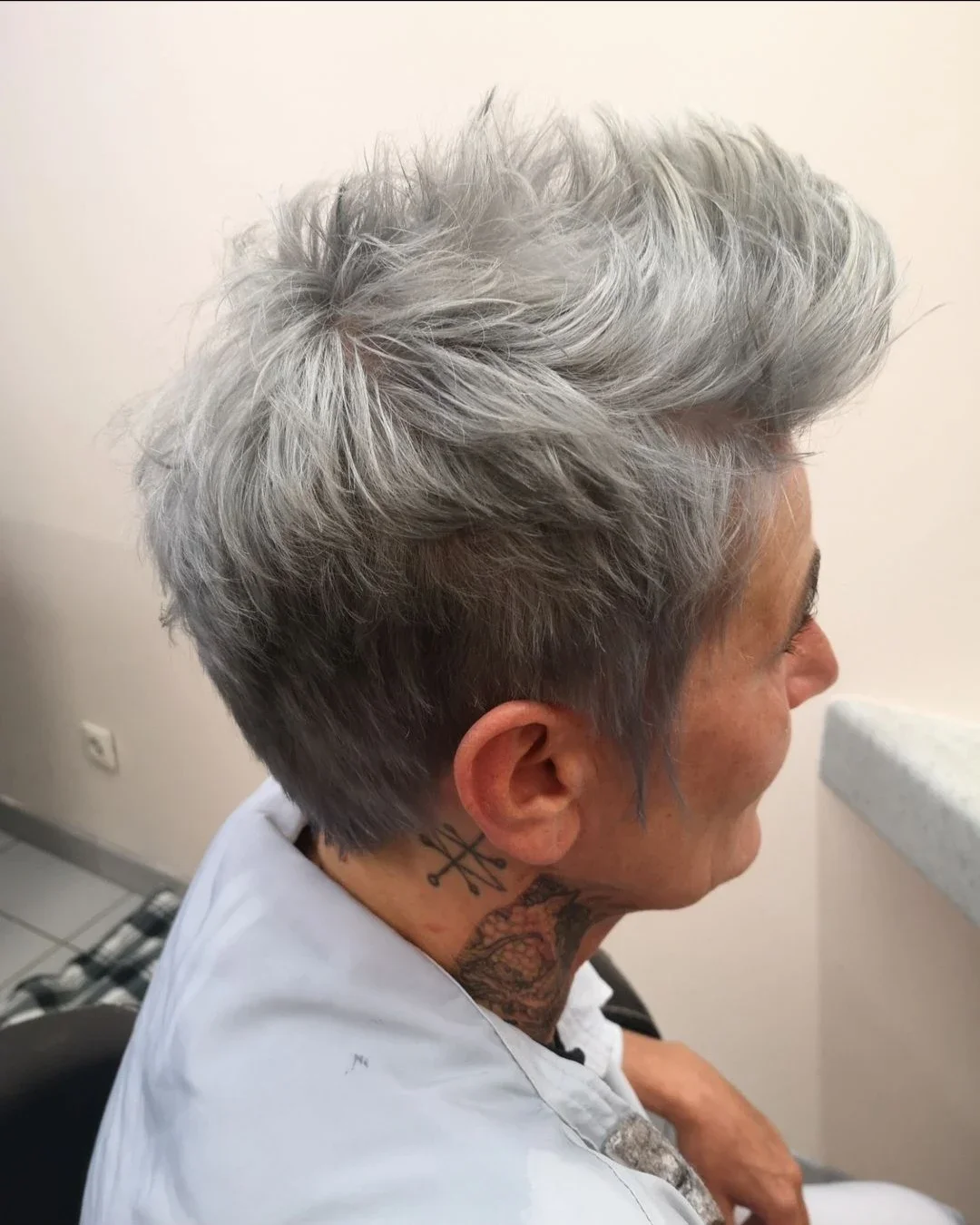 Coupe courte et coloration grise, salon Talleulook